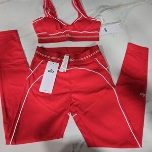 Alo Active Red Sports Bra & Leggings Set with White Piping